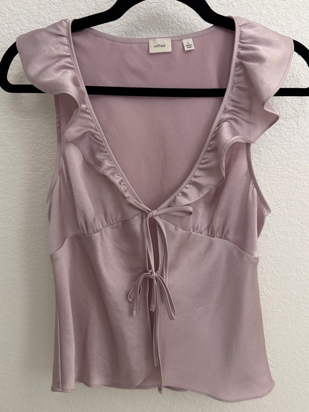Aritzia Blush Pink Ruffle Tie-Front Satin Tank
